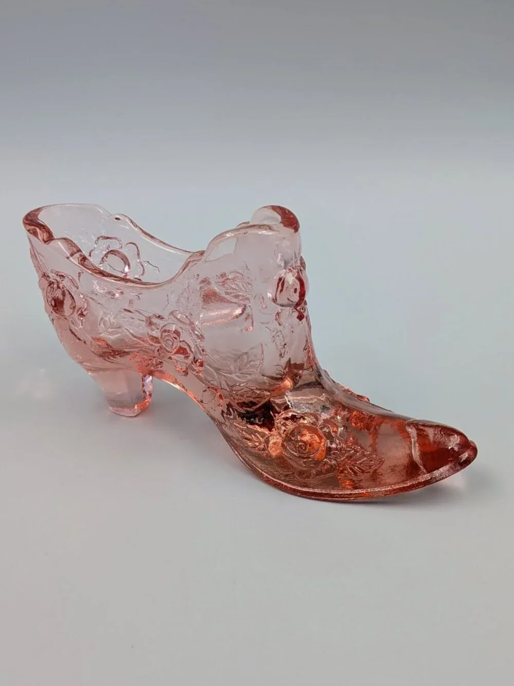 Vintage Fenton Pink Glass Cabbage Rose Slipper Shoe | Pressed Glass High Heel